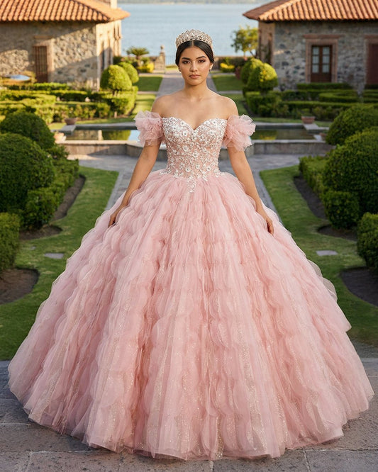 Tulle Tufted Pink Floral Quinceañera Ball Gown Dress