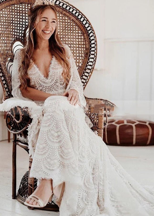 Unique Lace V-Neck Mermaid Bohemian Flare Long Sleeve Beach Bridal Gowns