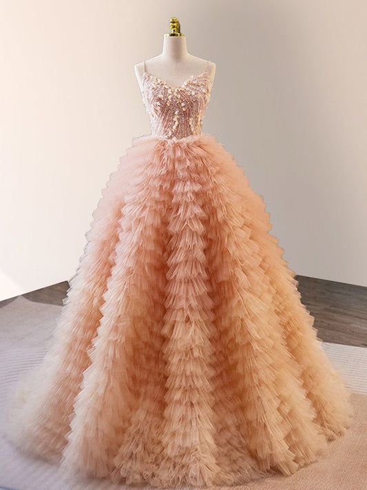 Unique Orange V Neck Tulle Sequin Orange Pink Long Quinceanera Dress
