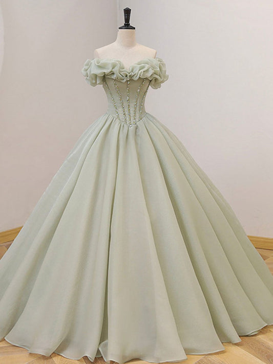 Quinceanera Dress Green Long Prom Tulle Dresses with Beading