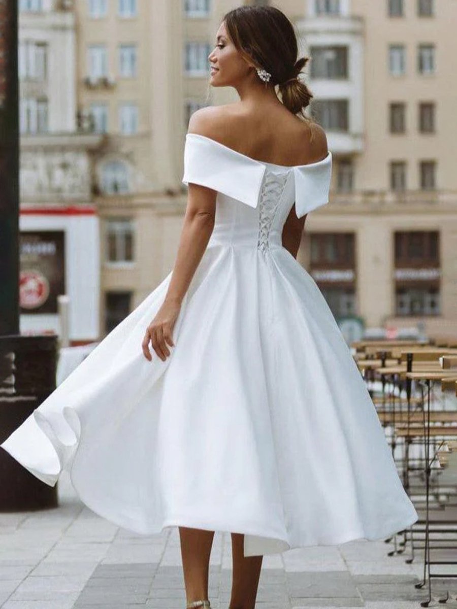 A-Line Satin Tea Length White Off the Shoulder Wedding Dress