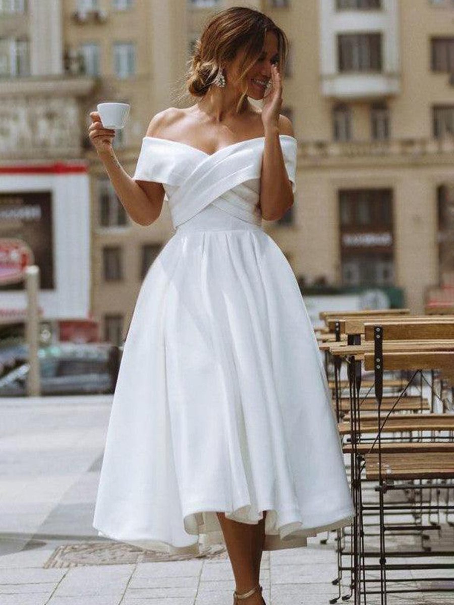 A-Line Satin Tea Length White Off the Shoulder Wedding Dress