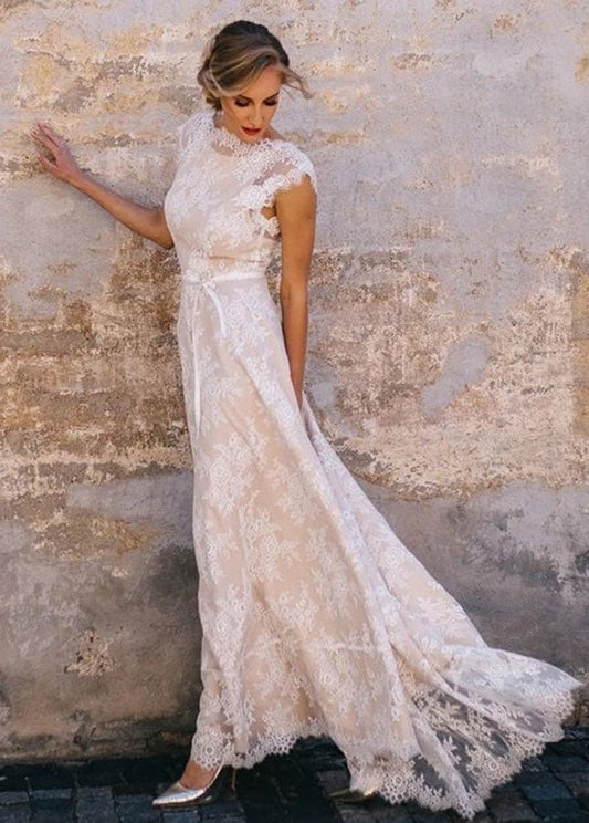 Light Champagne Lace Appliques A Line Cap Sleeve Sexy Backless Bridal Gown