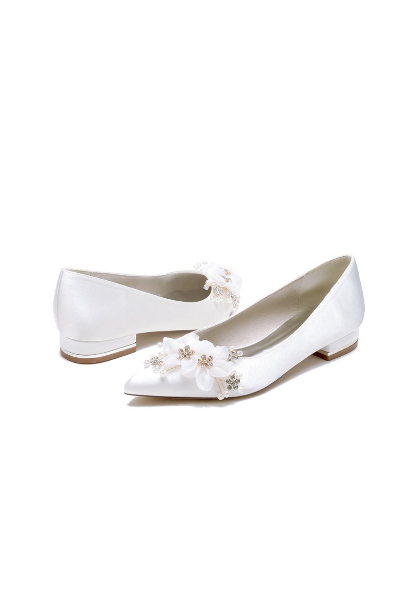 White Elegant Pointed Toe Low Heels with Rhinestone Flower