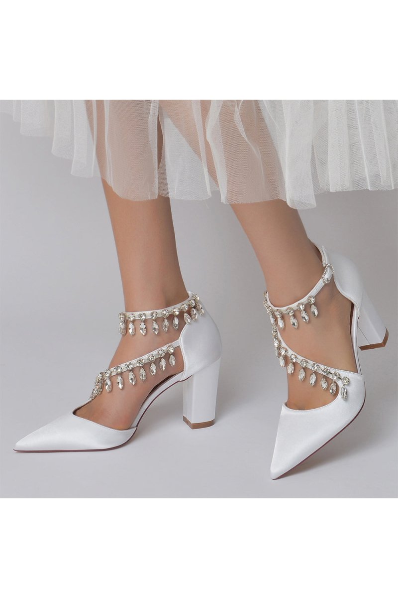 White High Heels with Chain and Crystal Accent