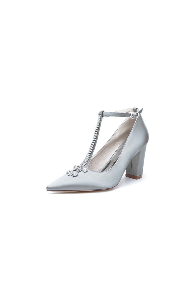 White Leather Pump with Silver Chain and Crystal Accent