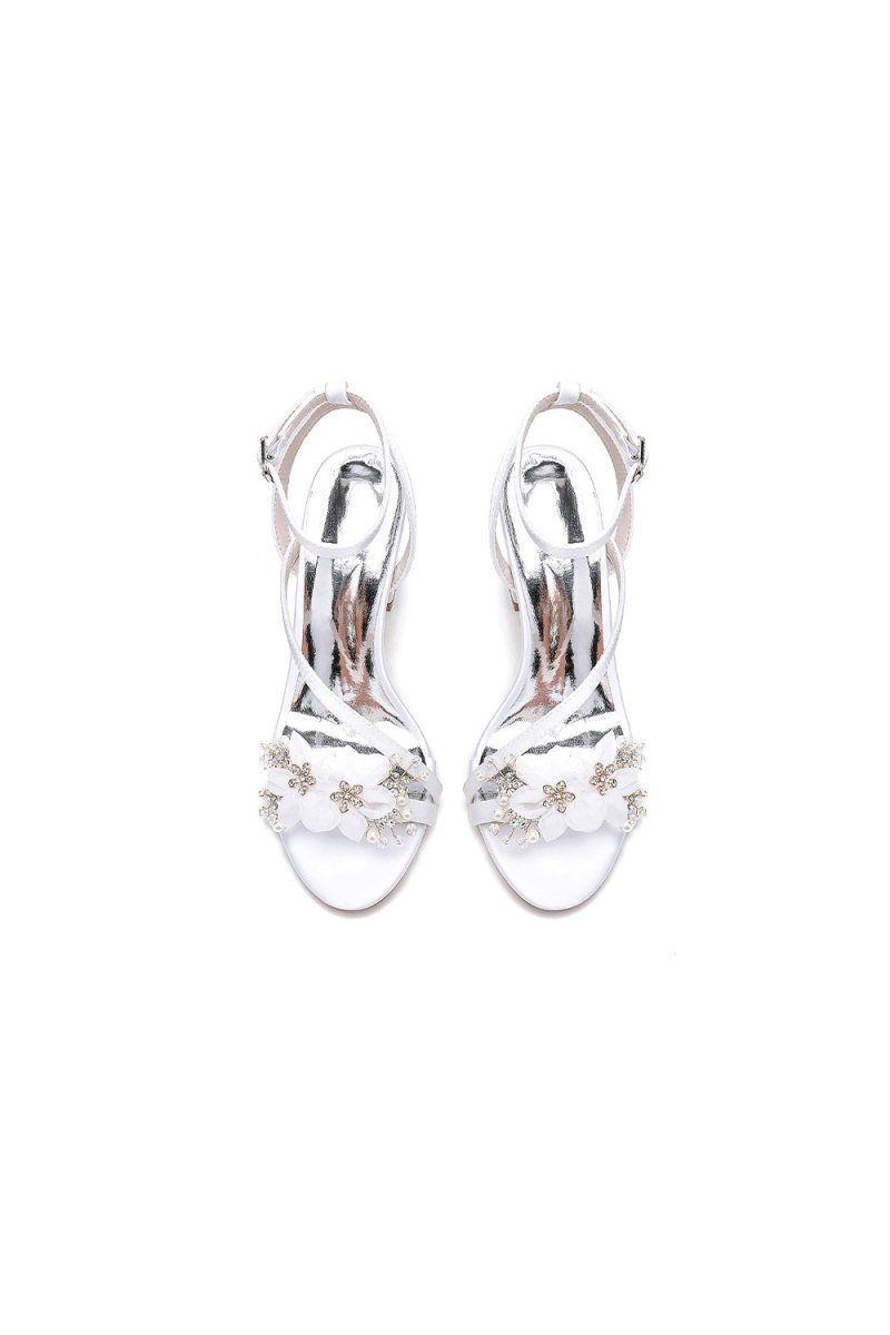 White Open Toe Ankle Strap Chunky Heels with Rhinestone Flower