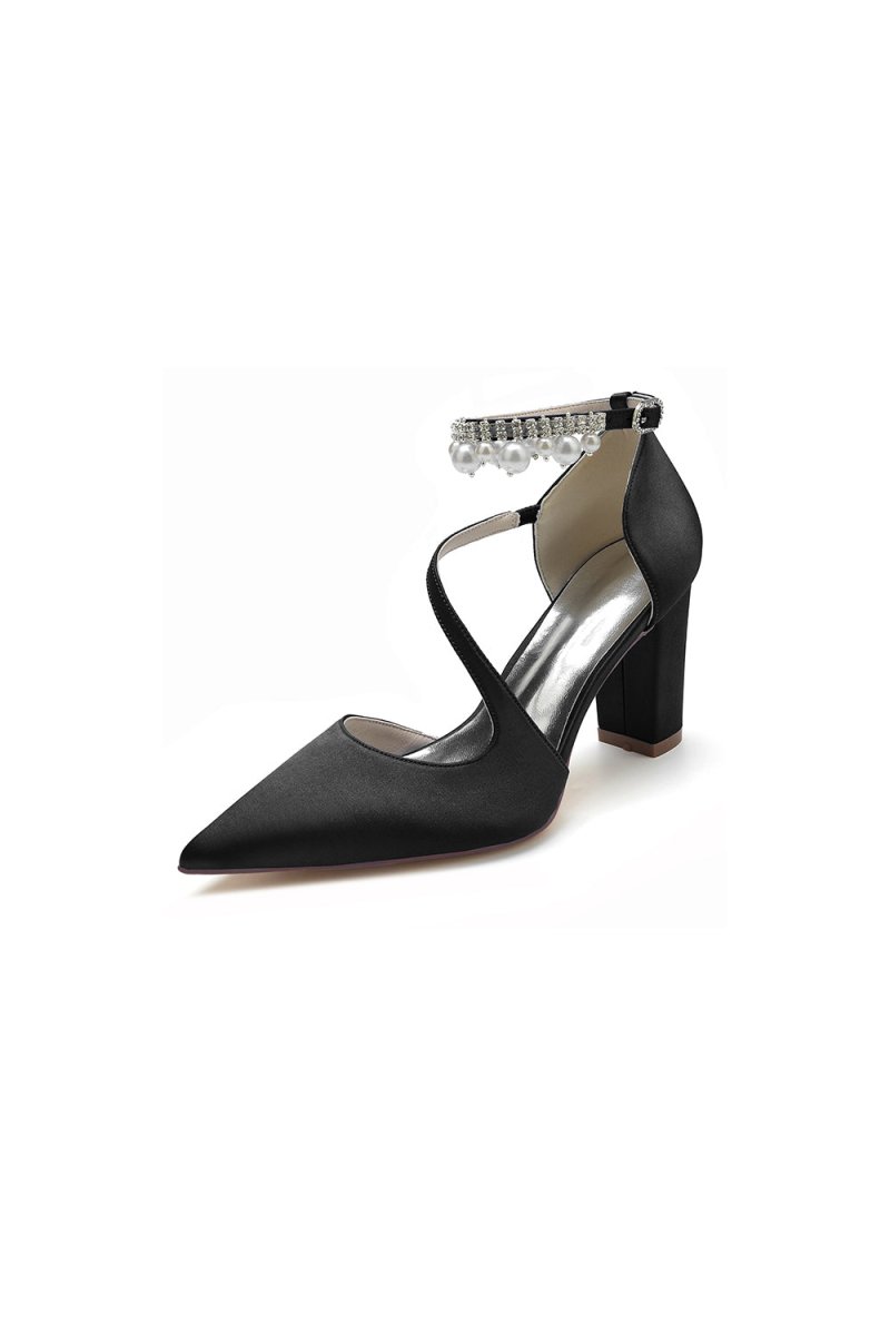 White Satin Heels with Cross-Strap Design and Pearl-Accented Buckle
