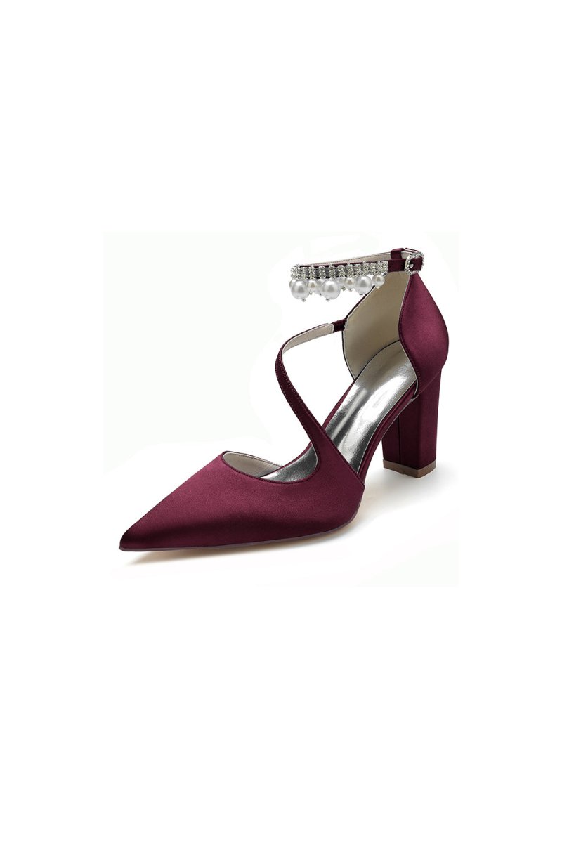 White Satin Heels with Cross-Strap Design and Pearl-Accented Buckle