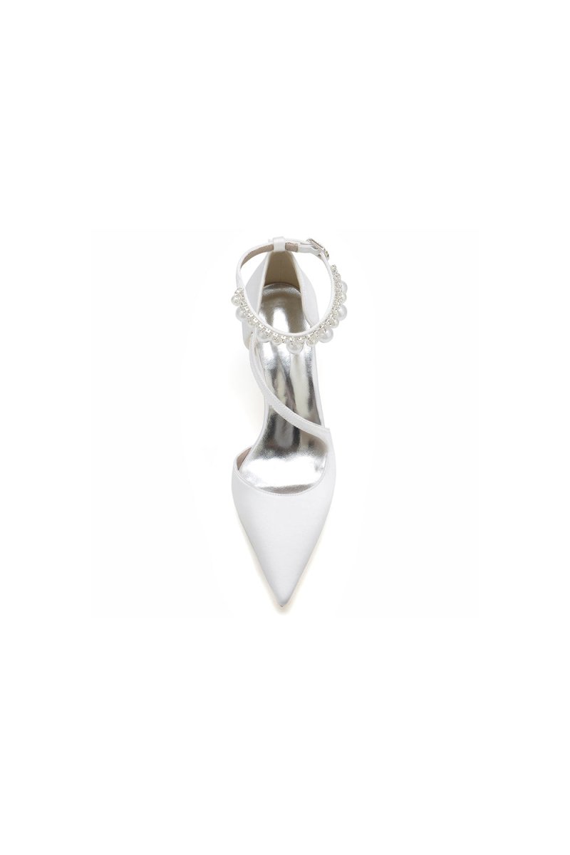 White Satin Heels with Cross-Strap Design and Pearl-Accented Buckle