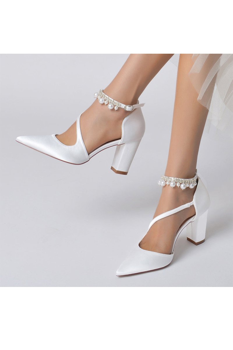 White Satin Heels with Cross-Strap Design and Pearl-Accented Buckle