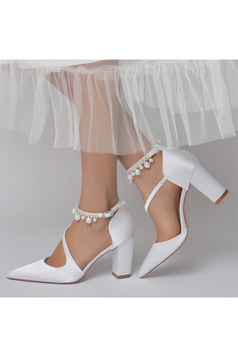 White Satin Heels with Cross-Strap Design and Pearl-Accented Buckle