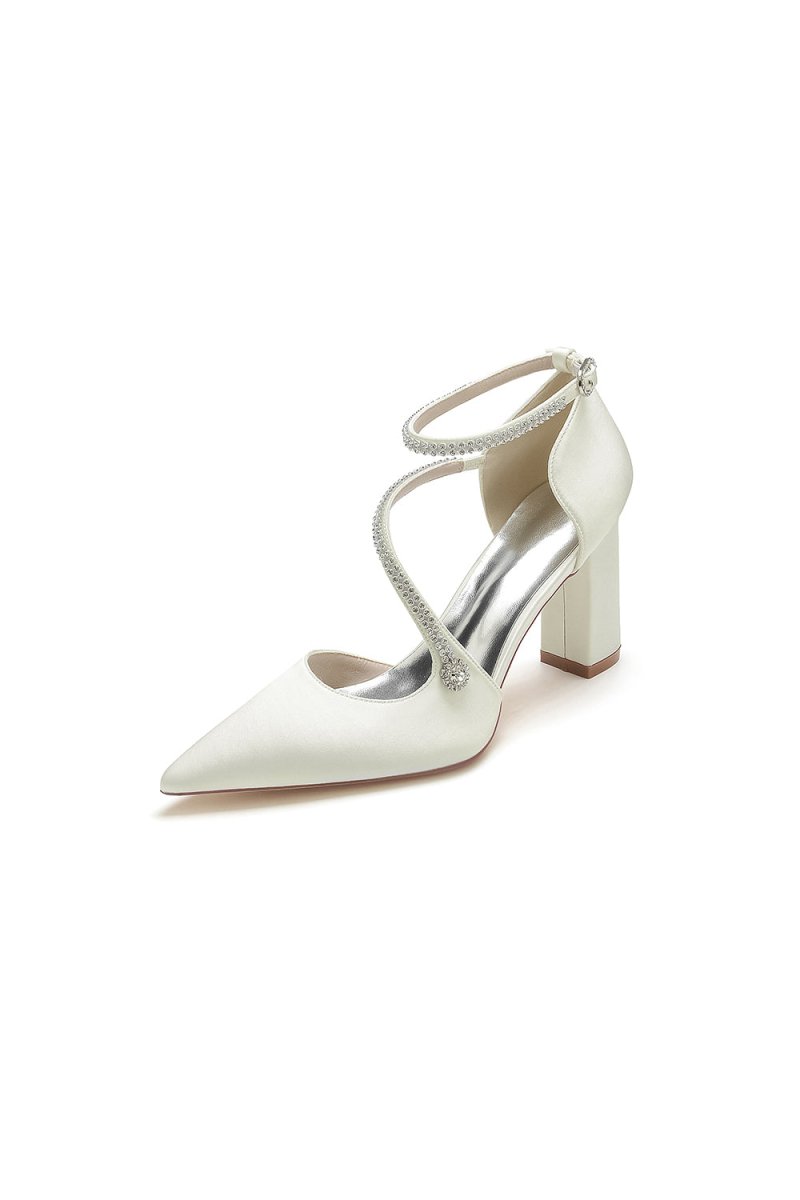 White Satin Pump with Cross-Strap and Beaded Buckle