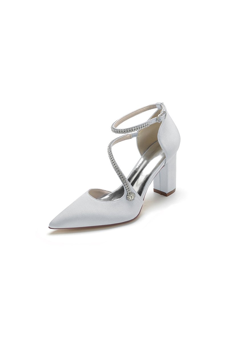 White Satin Pump with Cross-Strap and Beaded Buckle