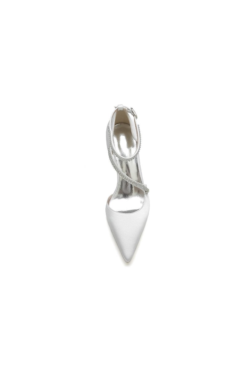 White Satin Pump with Cross-Strap and Beaded Buckle