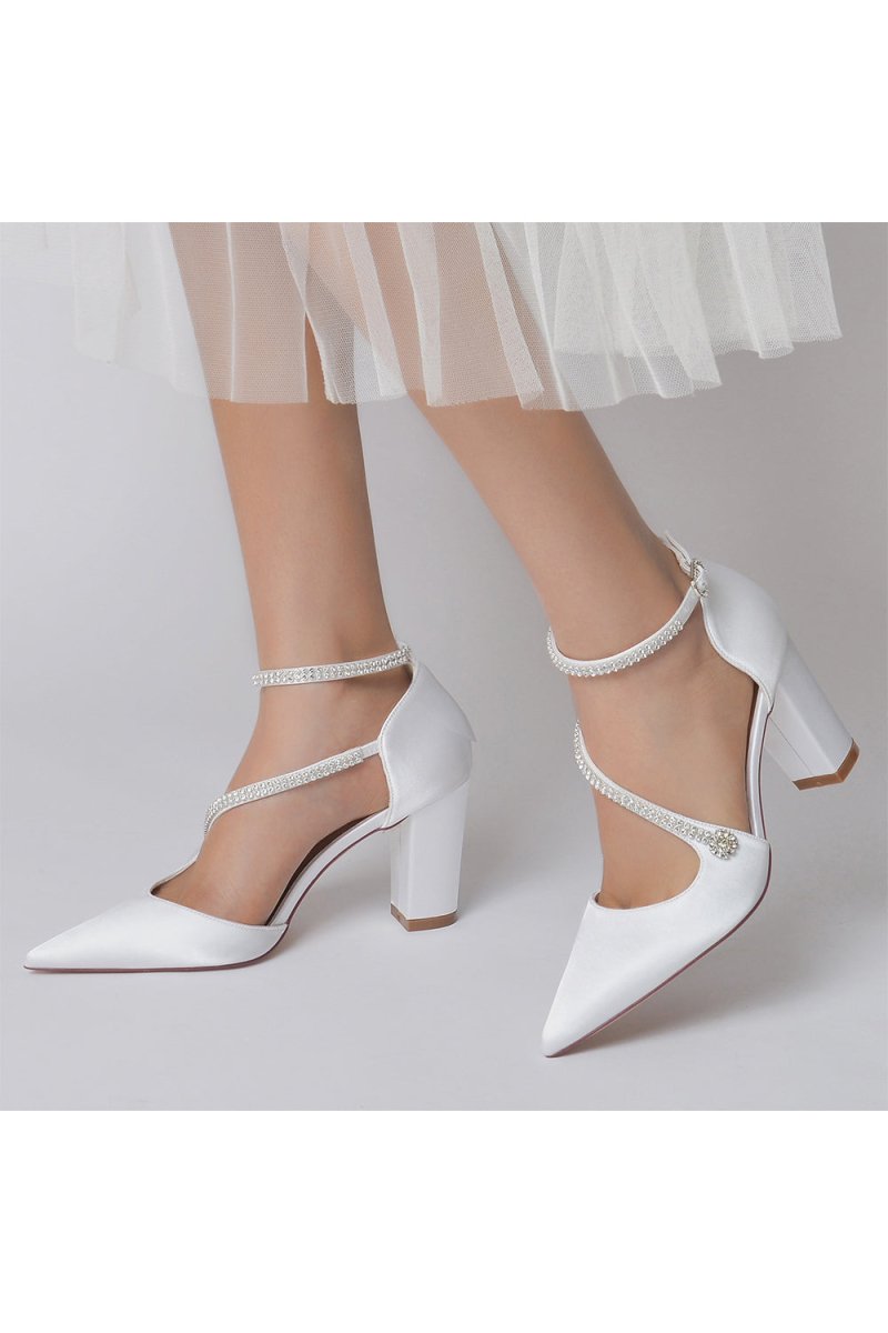 White Satin Pump with Cross-Strap and Beaded Buckle