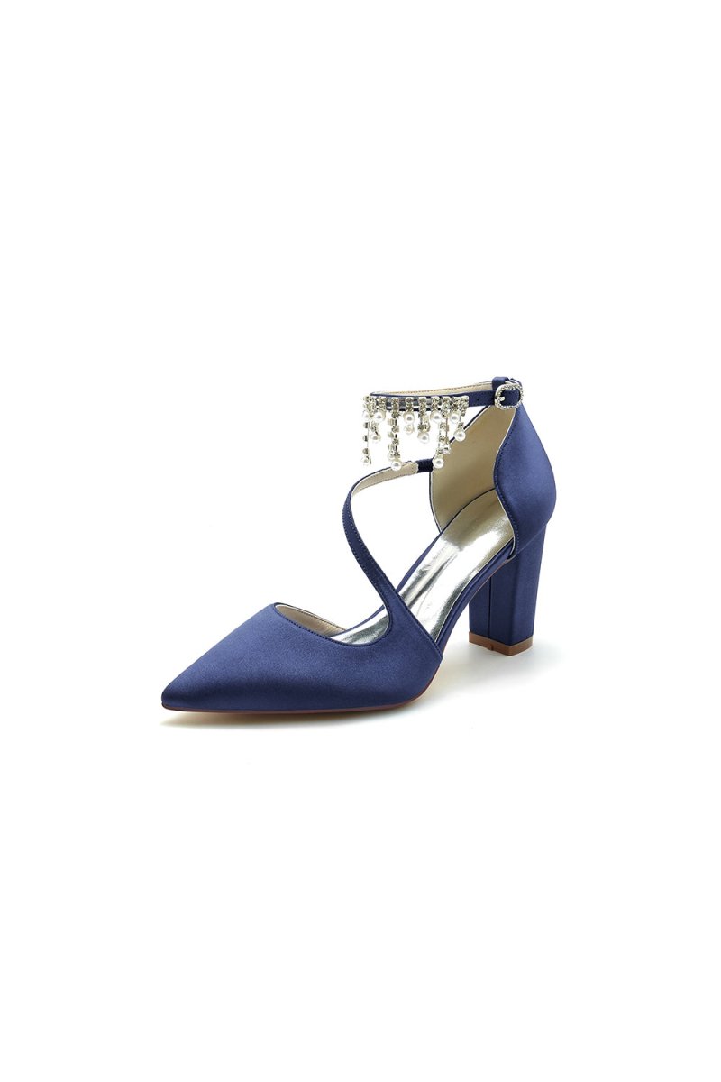 White Satin Pump with Pearl-Embedded Chain Heel