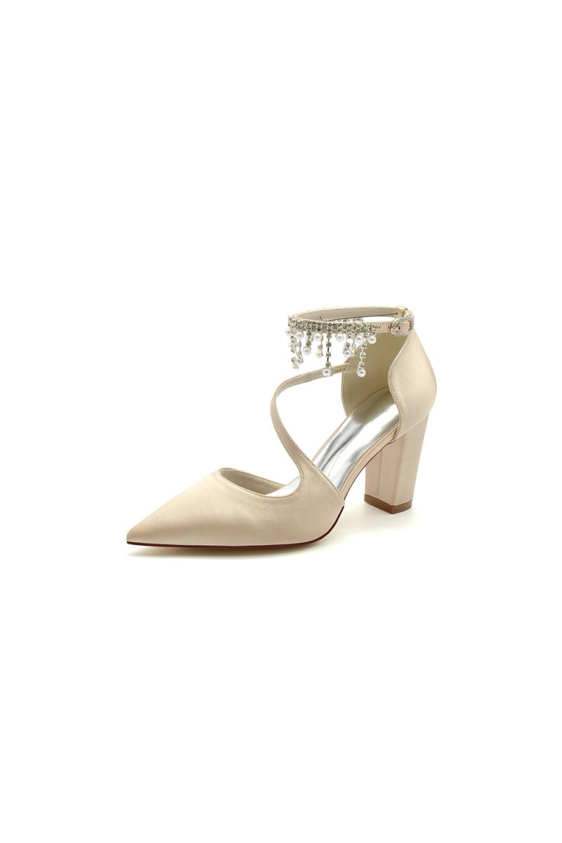 White Satin Pump with Pearl-Embedded Chain Heel