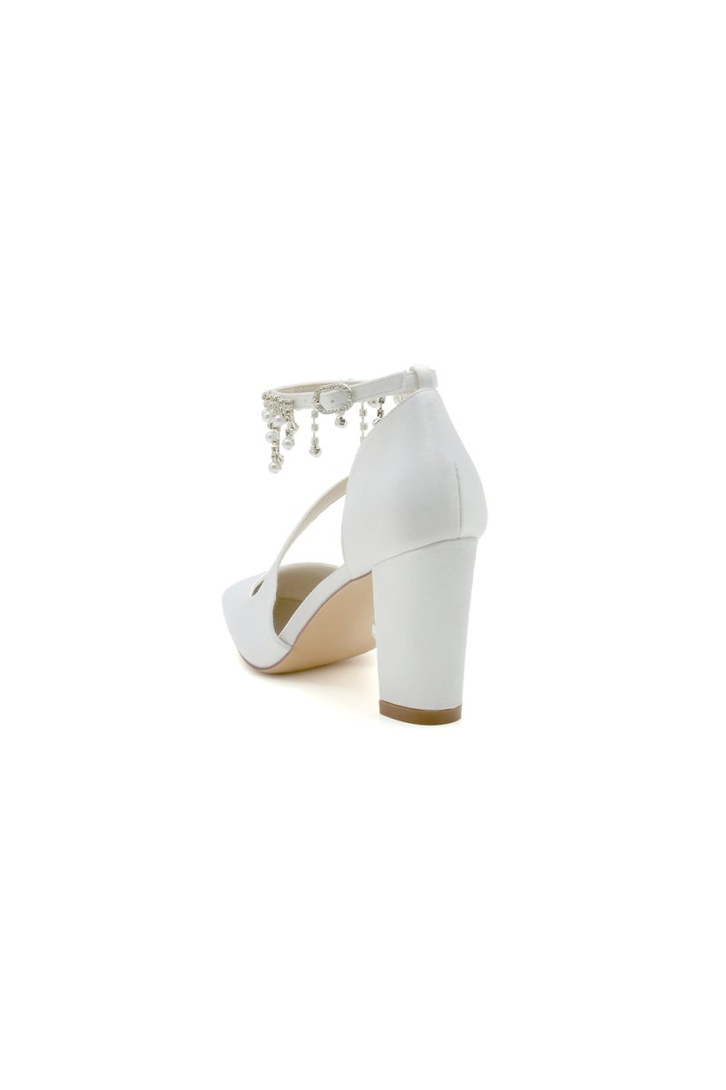 White Satin Pump with Pearl-Embedded Chain Heel