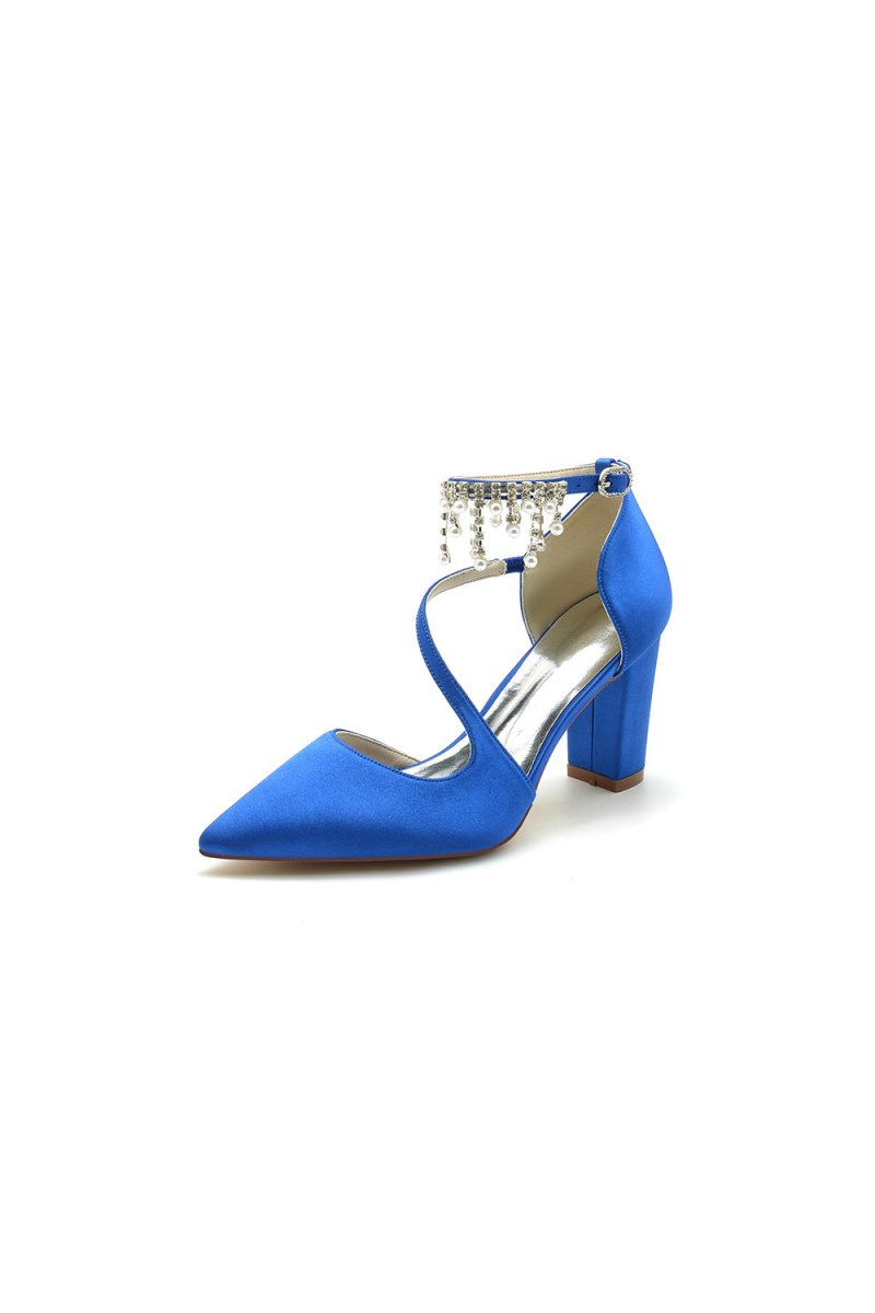 White Satin Pump with Pearl-Embedded Chain Heel