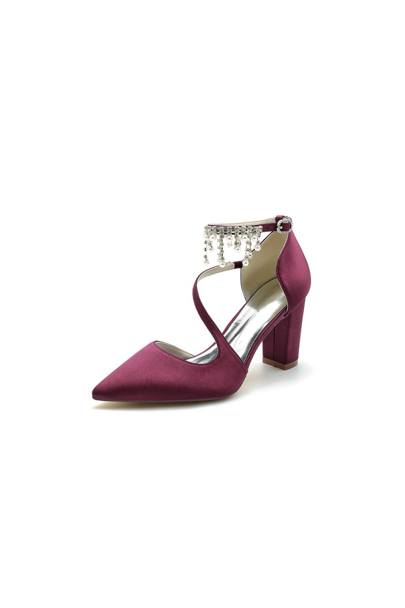 White Satin Pump with Pearl-Embedded Chain Heel