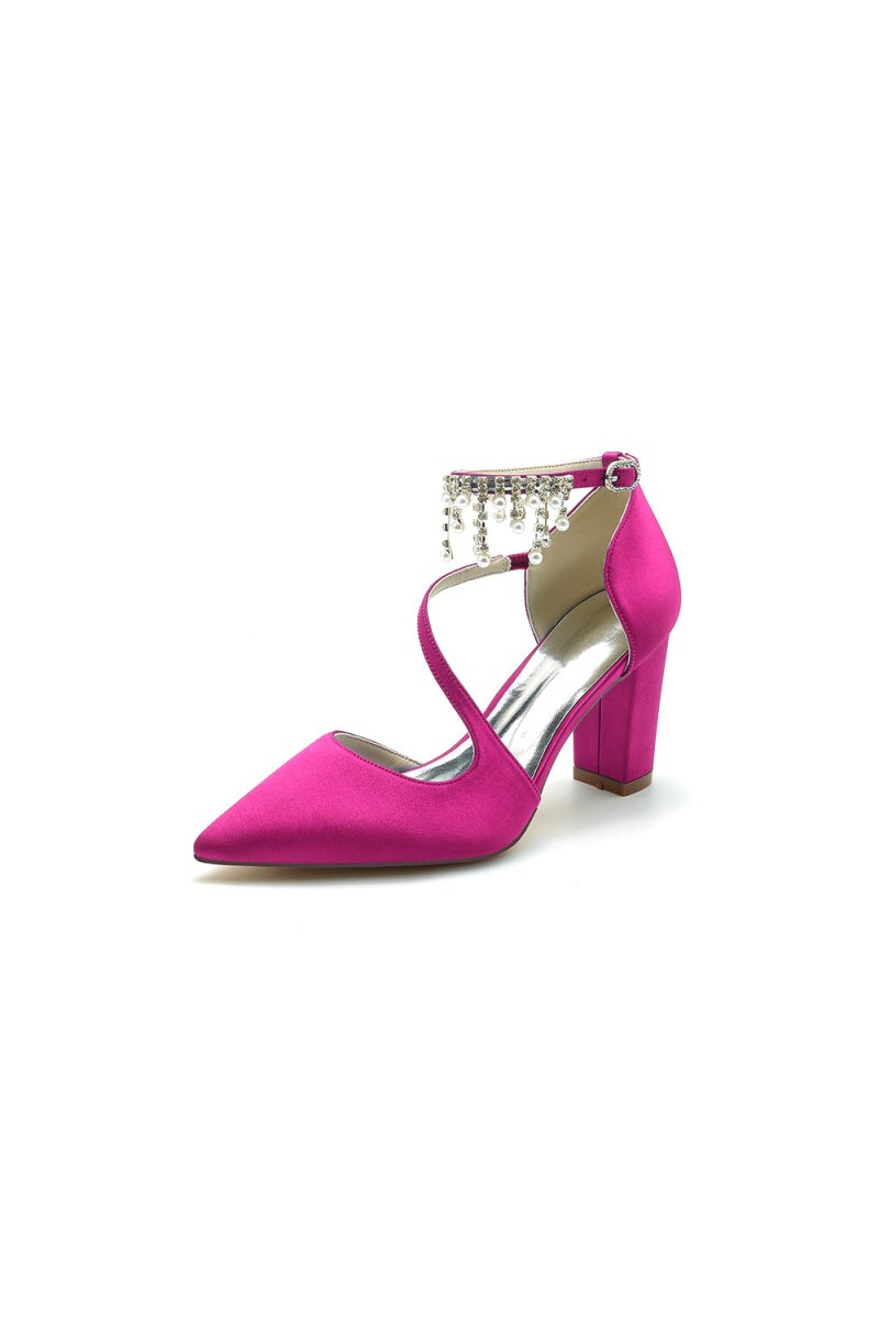 White Satin Pump with Pearl-Embedded Chain Heel