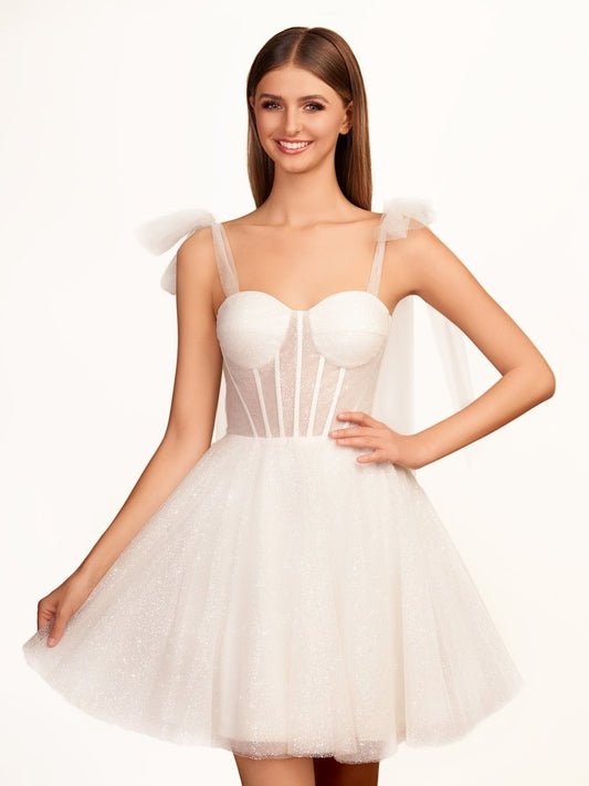 A-Line Tie Shoulder Ivory Spraying Short Party Dress