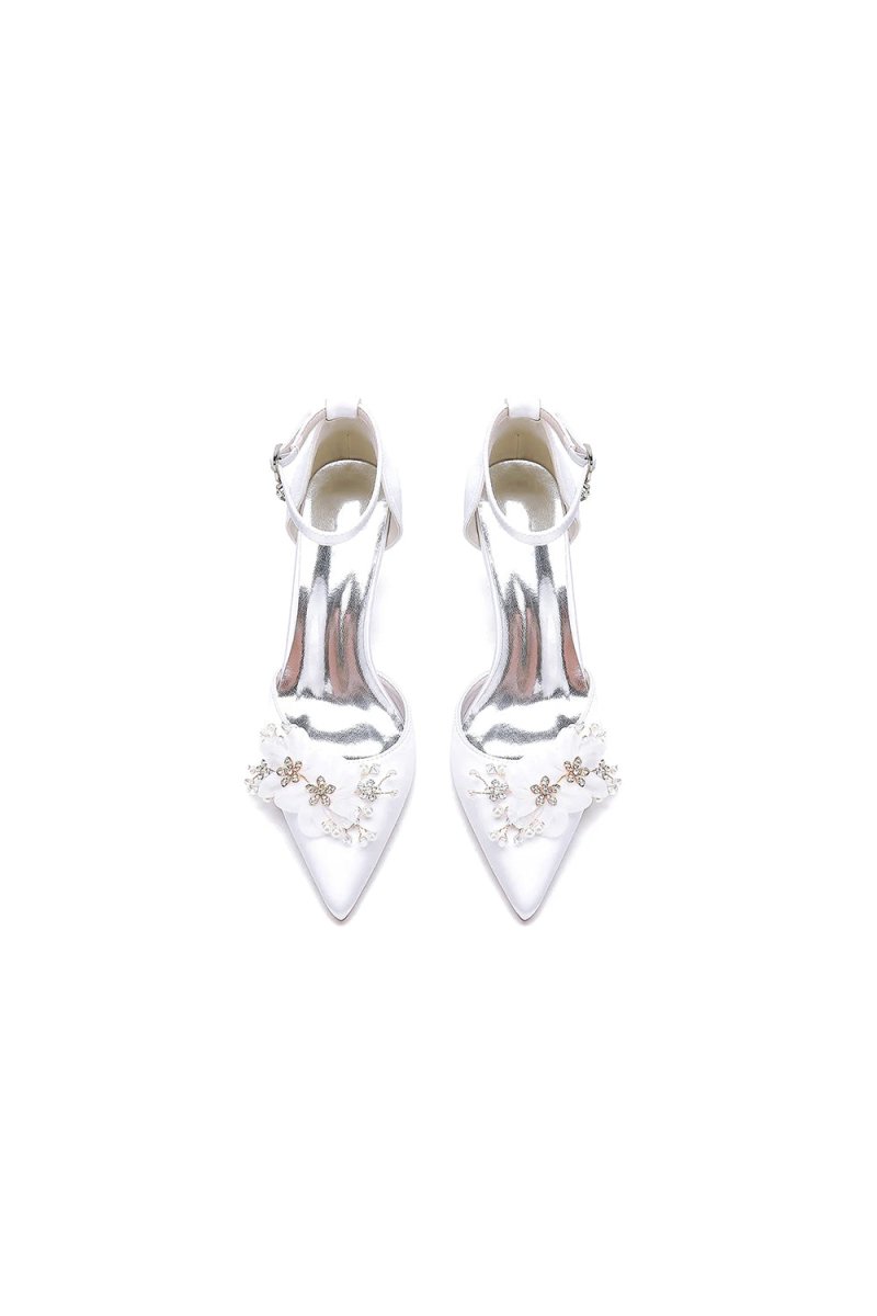 Women's Wedding Shoes Pointed Toe Ankle Strap Stiletto Heels with Rhinestone Flower