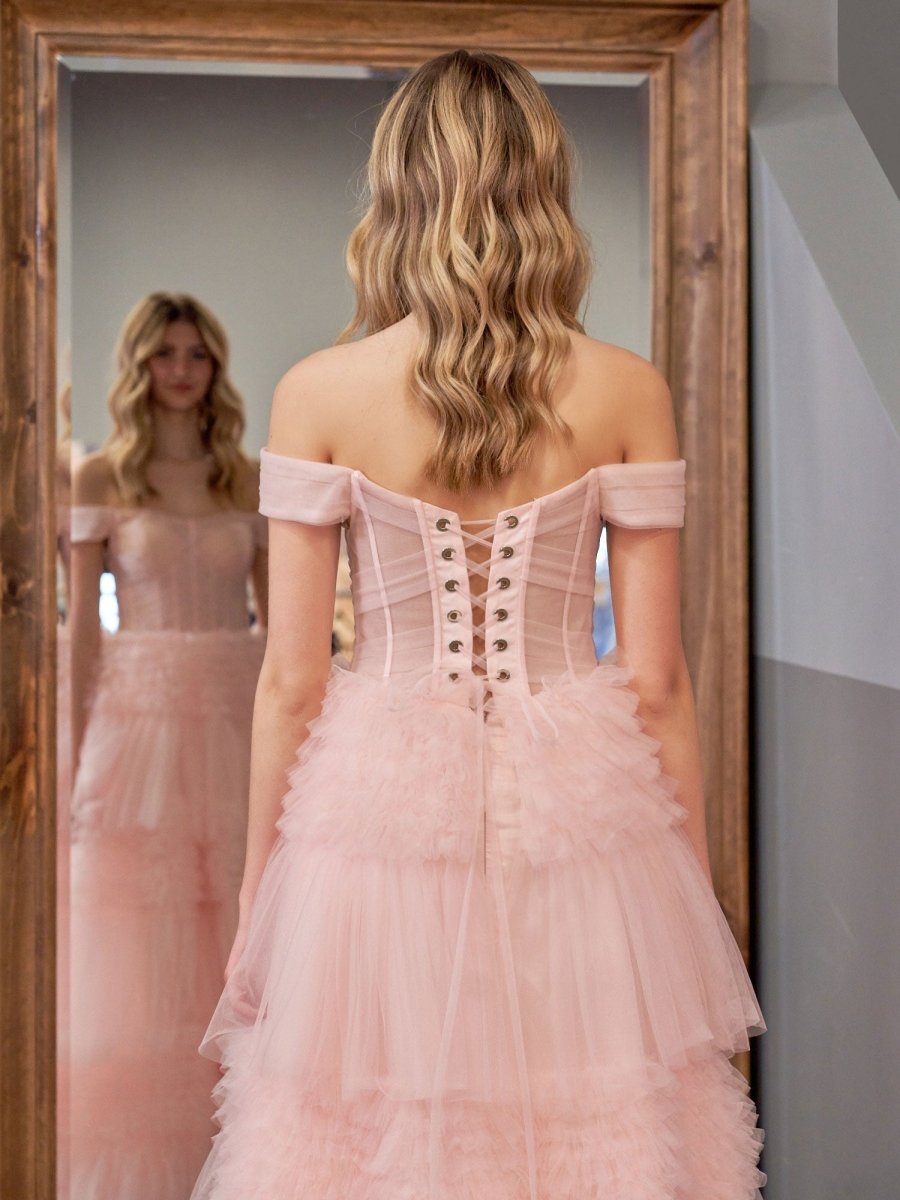 Zariah | Blush Princess A line Off Shoulder Ruffled Tulle Prom Dress
