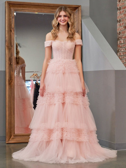 Zariah | Blush Princess A line Off Shoulder Ruffled Tulle Prom Dress