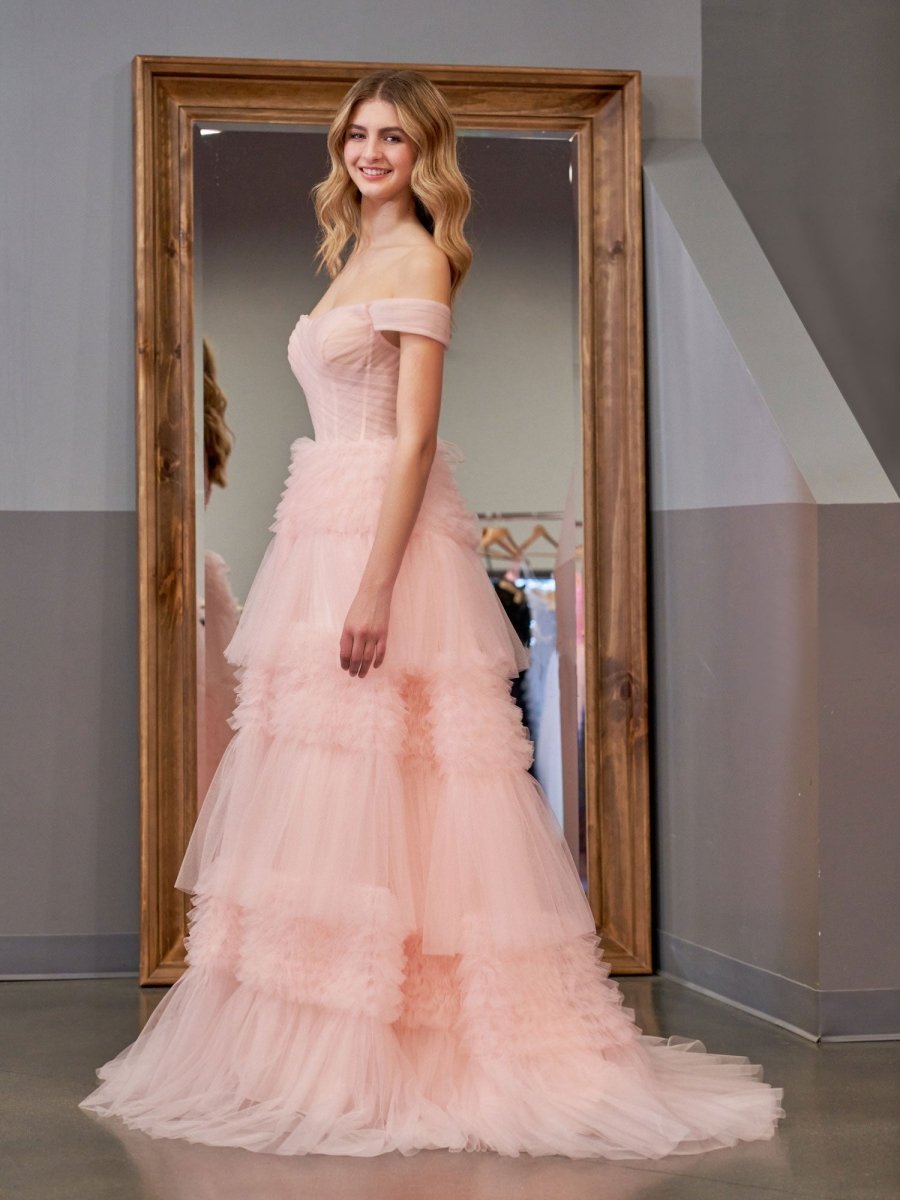 Zariah | Blush Princess A line Off Shoulder Ruffled Tulle Prom Dress